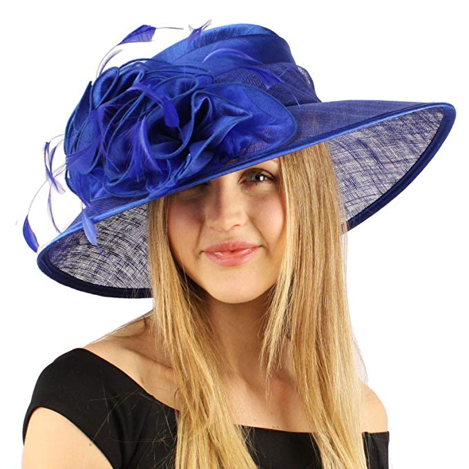 SK Hat shop Satin Flat Top Feathers Ruffles Kentucky Derby Floppy Bucket Church Hat