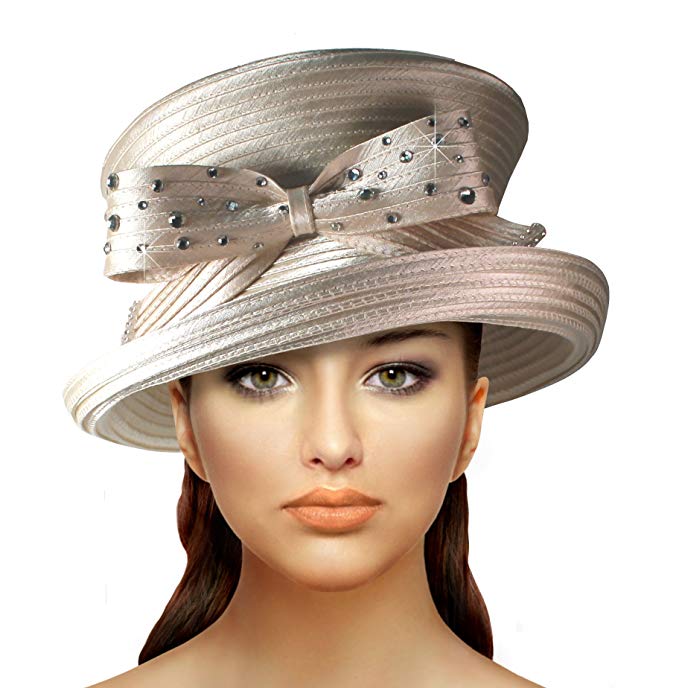 Mr. Song Millinery 2 Tier Crown Medium Tiffany Brim With Rhinestoned Bow - Q40