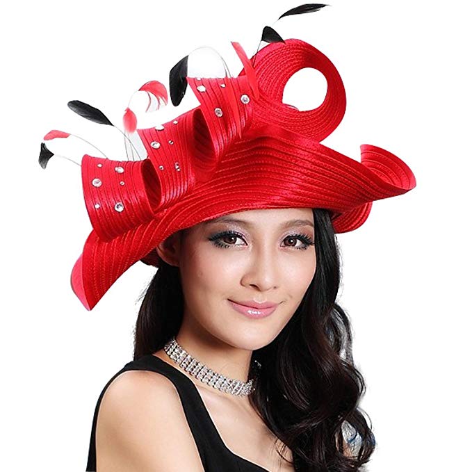 June's Young Church Hats for Women Feather Hats Curly Brim Wide Feathers