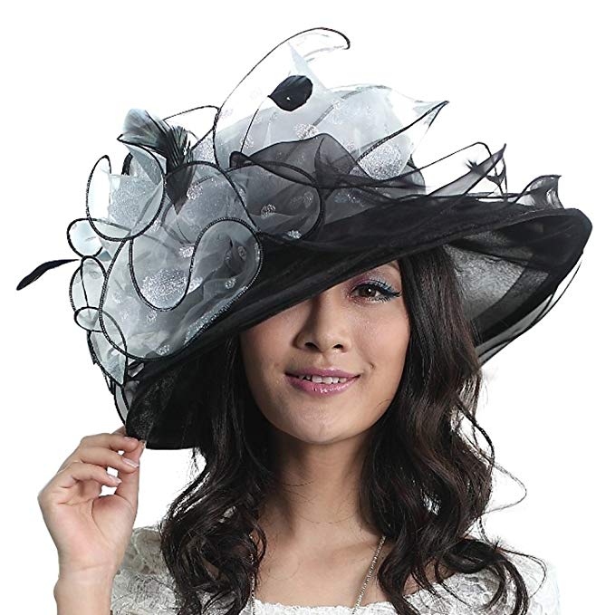 June's Young Summer Hats Elegant Flower for Women Wide Brim Sun Hat Organza