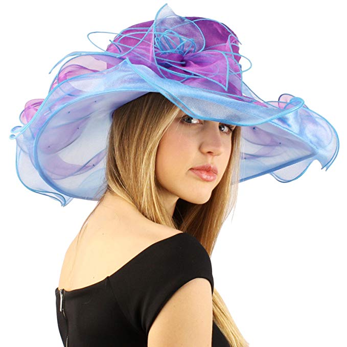 SK Hat shop Fancy Kentucky Derby Floppy Ruffle Organza 2 Tone Flower Church Hat