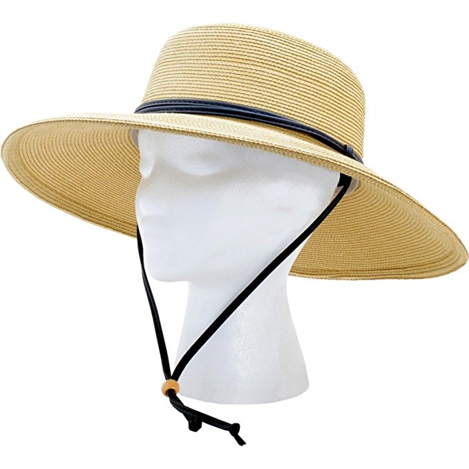 Sloggers Women's Wide Brim Braided Sun Hat with Wind Lanyard - Light Brown - UPF 50+ Maximum Sun Protection, Style 442LB01