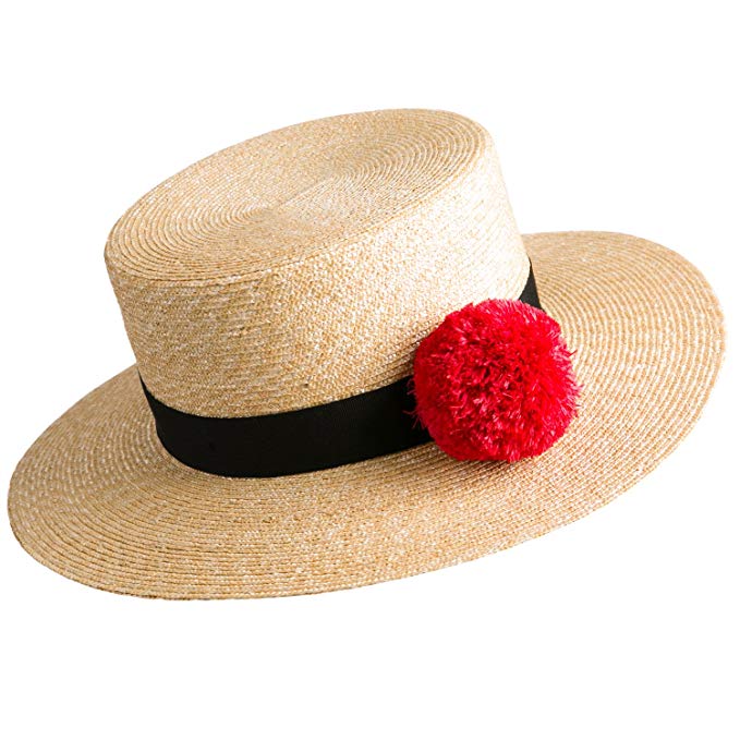 Janetshats Boater Hat Flat Top Straw Hats For Women Cute Pom Pom Trim