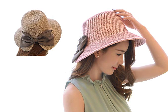 Womens Floppy Summer Sun Beach Straw Bow tie Hat Wide Large Brim Beach Straw Sun Cap