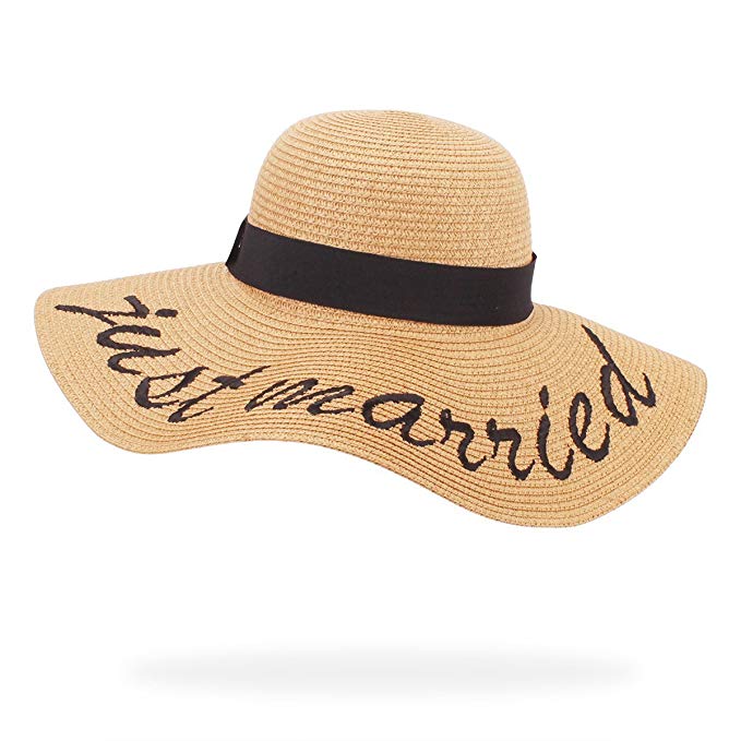 belababy Women's Floppy Big Brim Sun Hat Fall Foldable Beach Elegant Cursive Embroidered Straw Hat