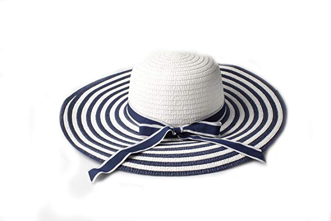 Accessoryo Women's Navy and White Stripe Wide Brim Straw Hat with Ribbon Bow Detail