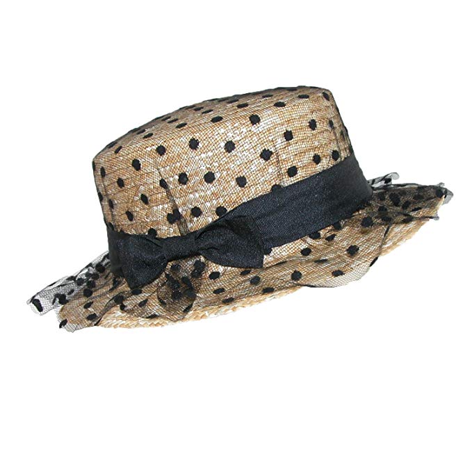 CTM Women's Straw Boater Hat with Polka Dot Tulle