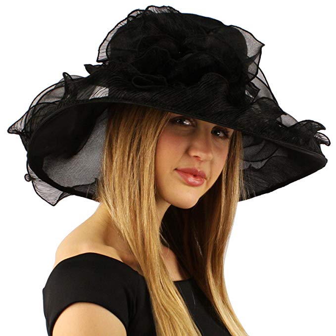 SK Hat shop Elegant Kentucky Derby Floppy Ruffle Organza Pleated Flowers Church Hat