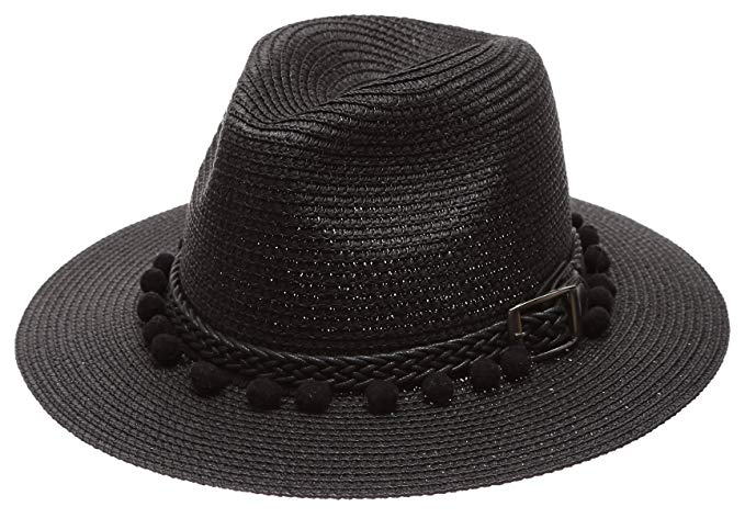 MIRMARU Women's Summer Panama Style Mid Brim Beach Sun Straw Hat With Pom Pom Belt Band.