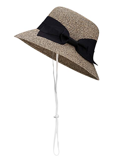 D Diana Dickson Women's Classic Summer Beach Sun Straw Bucket Hat w/Bow