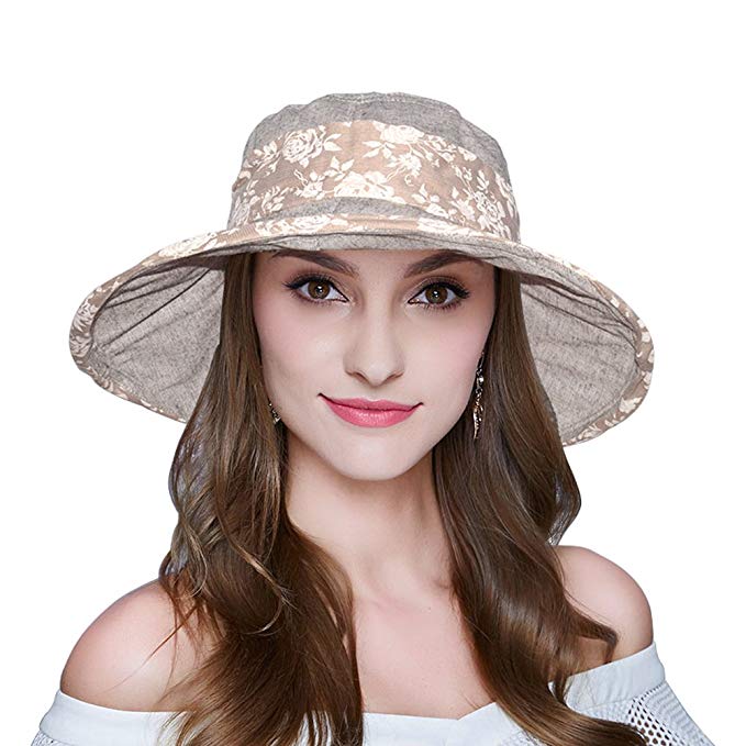 AOMUU Womens Summer Sun Hat - UPF 50+ Wide Brim Floppy Foldable Packable Beach Hat w/Chin Cord