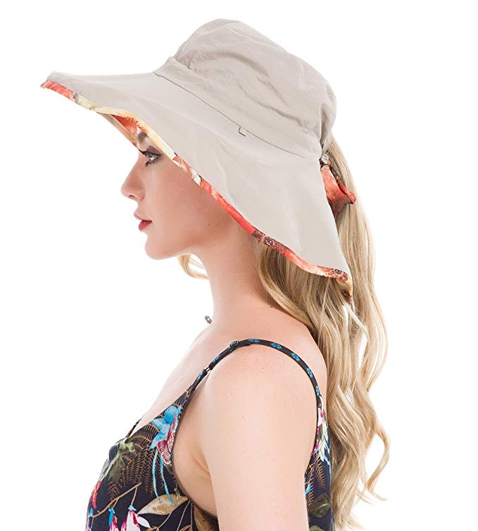 Lenikis Women's UPF50+ Sun Hat Wide Brimmed UV Protection Flap Hat with Ponytail Hole