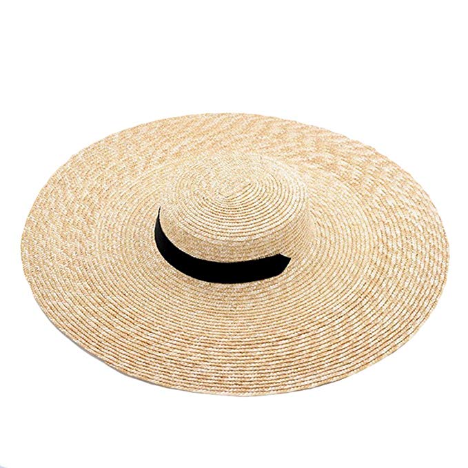 Ron Billy Womens Wide Brim Beach Hat Ribbon Tie Wheat Straw Boater Hat