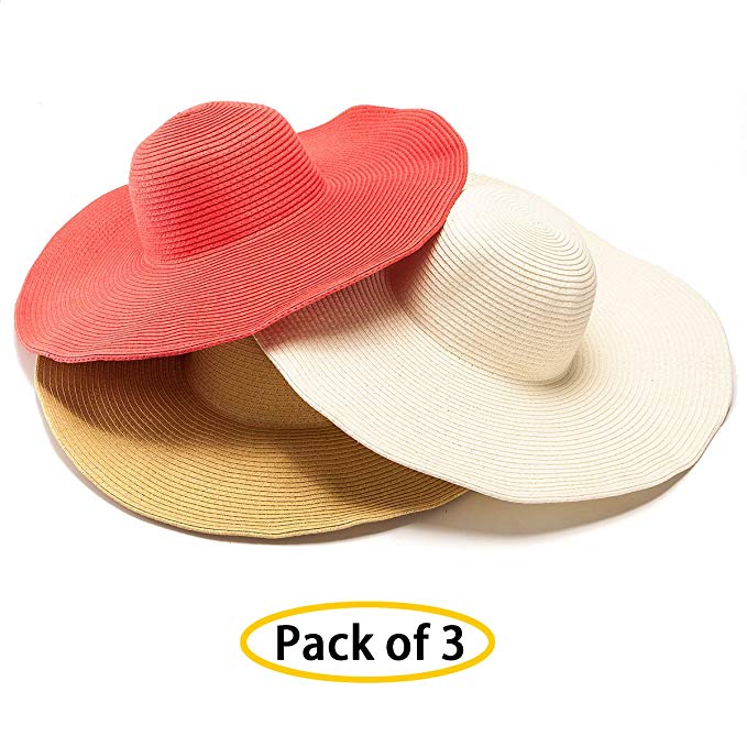 Women's Sun Hat Wide Brim Straw Hat Packable Roll Up UPF50+ Ladies Beach Hat Chin Strap Pack of 3