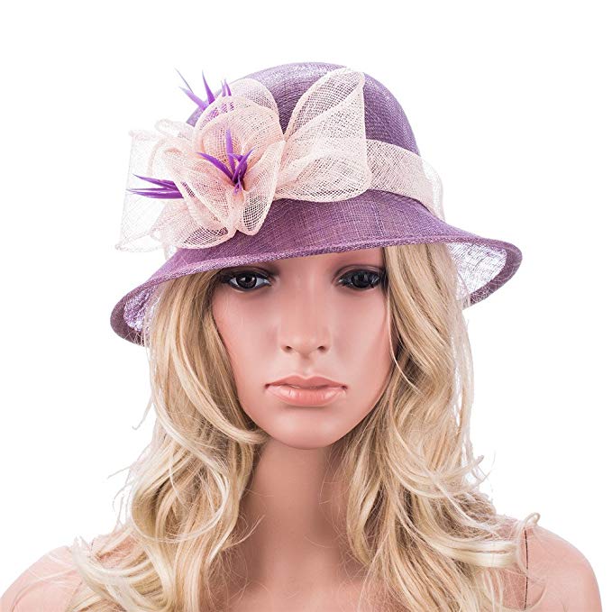 Purple Retro Womens Sinamay Floral Church Cloche Derby Hat T154