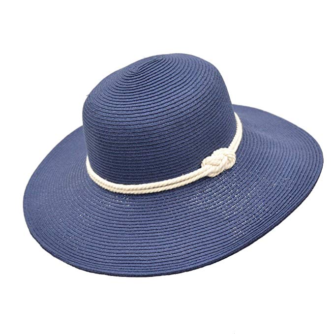 HatQuarters Classic Straw Floppy Beach Hat w Nautical Rope Hat Band, UPF 50+ Protection Sun Hat