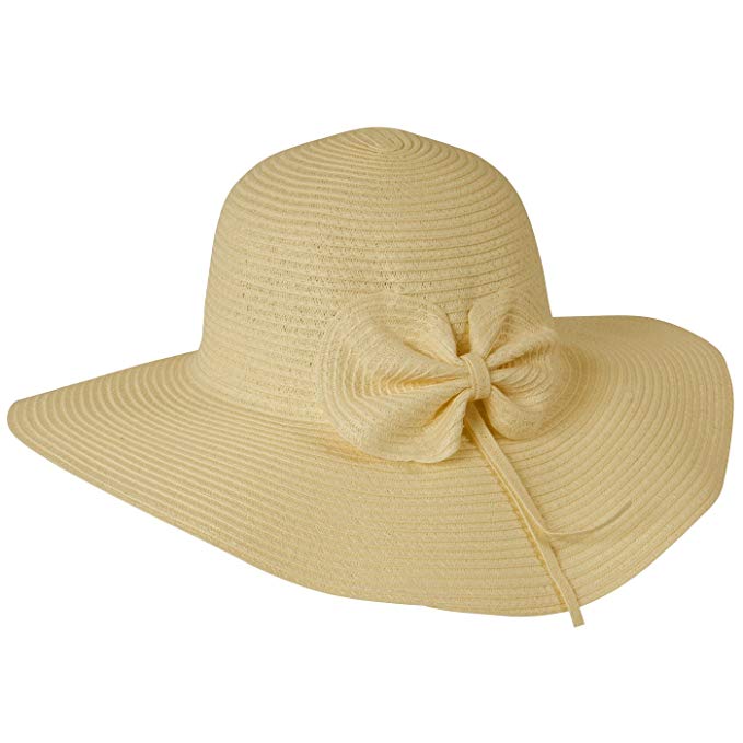 Luxury Lane Women's Tan Straw Floppy Sun Hat with Bow Accent