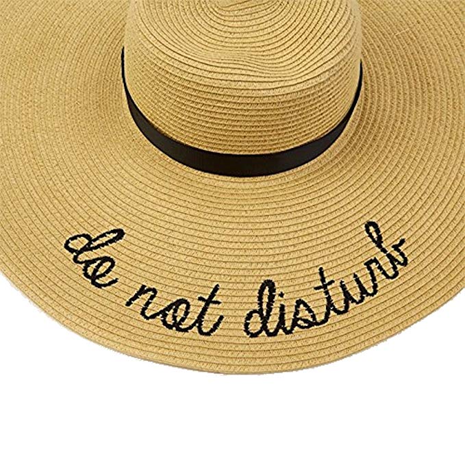 State of Mind Straw Sun Hat with a Statement - Black Embroidered - 16-3/4-in