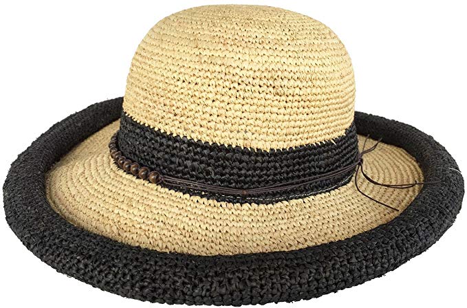 Headchange Women's Rolled Kettle Brim Crochet Raffia Straw Sun Hat