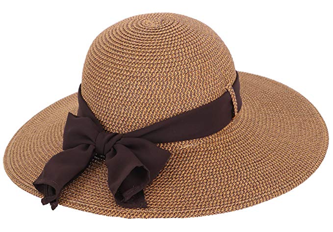 EPYA Ladies' Classical Wide Brim Beach Straw Sun Hat w/Bowtie Ribbon