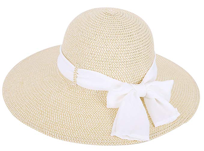 Toppers Womens Summer Sun Beach Hat Big Bowknot Wide Brim Straw Hat UPF 50+