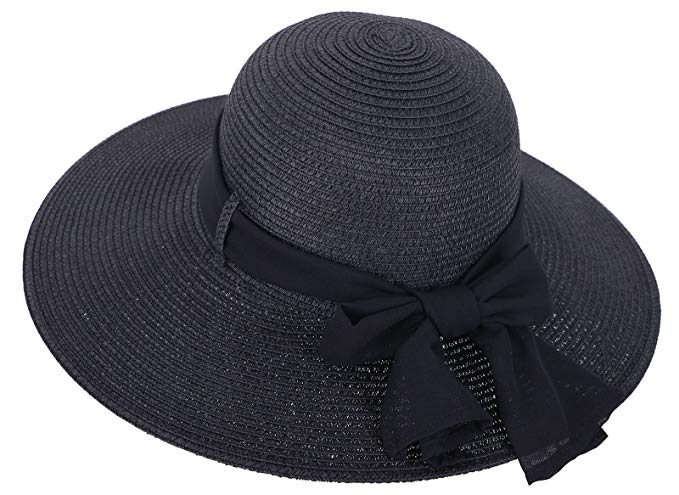 Straw Hat Women's Wide Brim Summer Beach Sun Hat w/Bowtie Ribbon