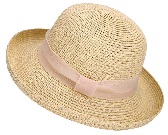 Lullaby Womens Foldable UPF 50+ Structured Curved Wide Brim Bucket Straw Sun Hat