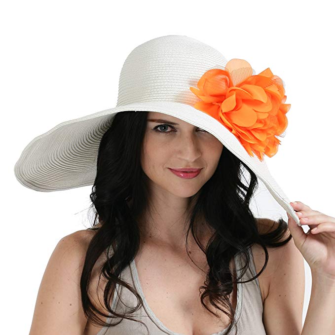 Luxury Lane Women's White Floppy Sun Hat with Orange Flower Appliques