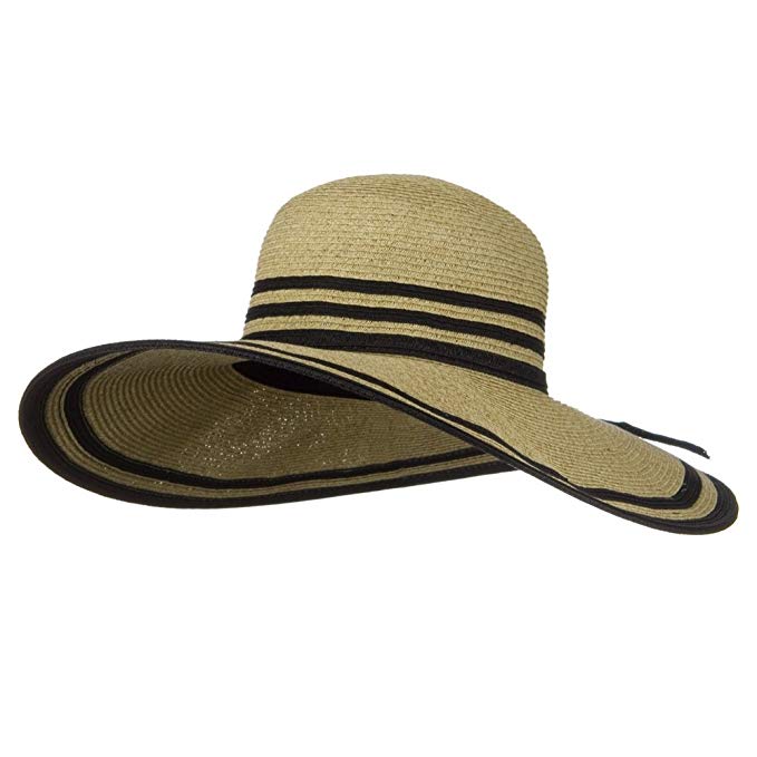 Jeanne Simmons UPF 50+ Two Tone Stripe Wide Brim Self Tie Hat- Wheat