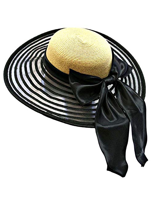 Luxury Divas Wheat & Black Wide Brim Floppy Hat Large Satin Bow