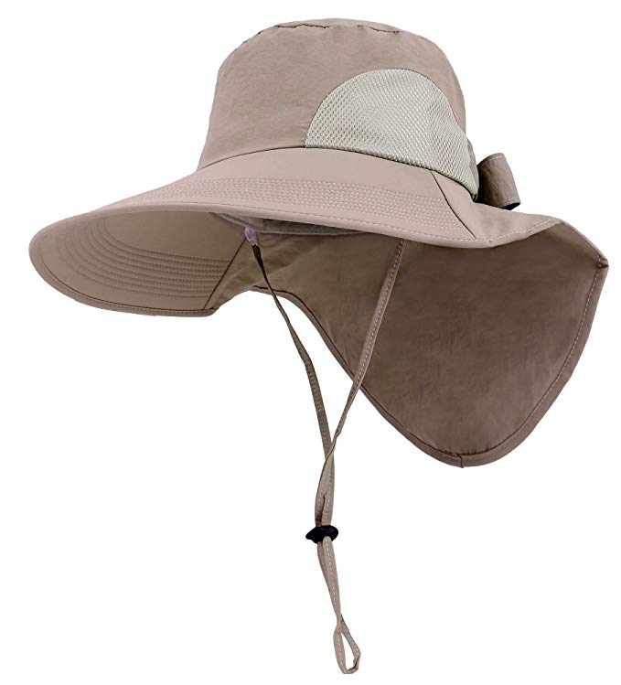 Womens Foldable Flap Cover UPF 50+ UV Protective Wide Brim Bucket Sun Hat Khaki