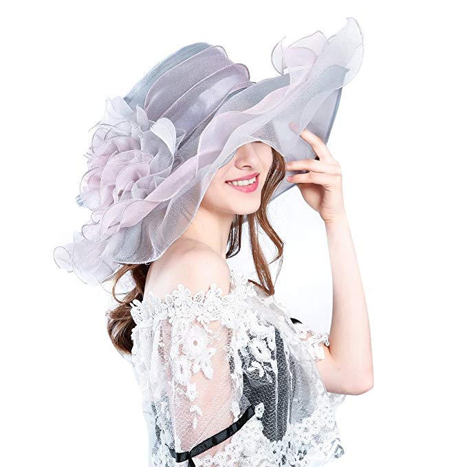 Women Foldable Organza Church Derby Hat Ruffles Wide Brim Summer Bridal Cap
