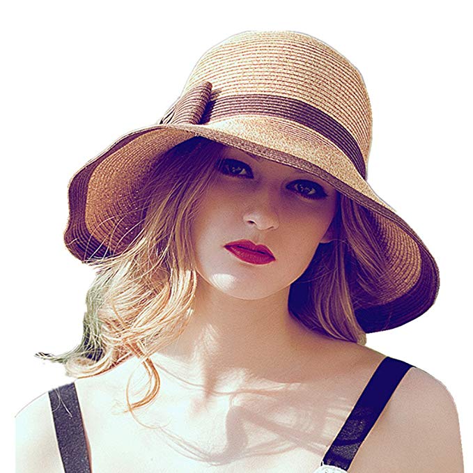 Home Prefer Womens Straw Sun Hat UPF50+ Wide Brim Floppy Hat Summer Beach Cap